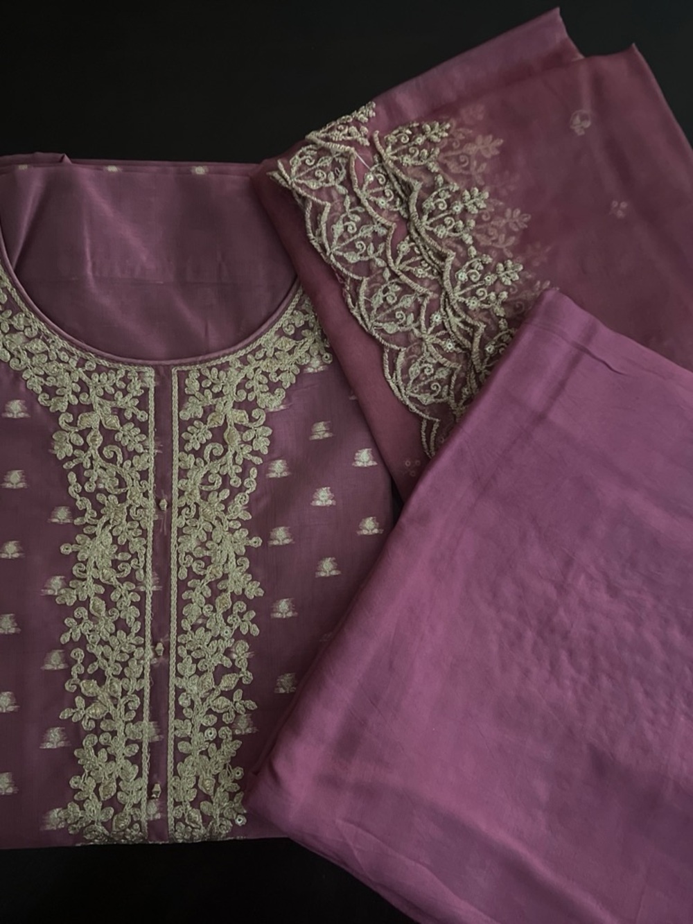 Embroidered Plum Salwar Kameez Set loose fabric for suit